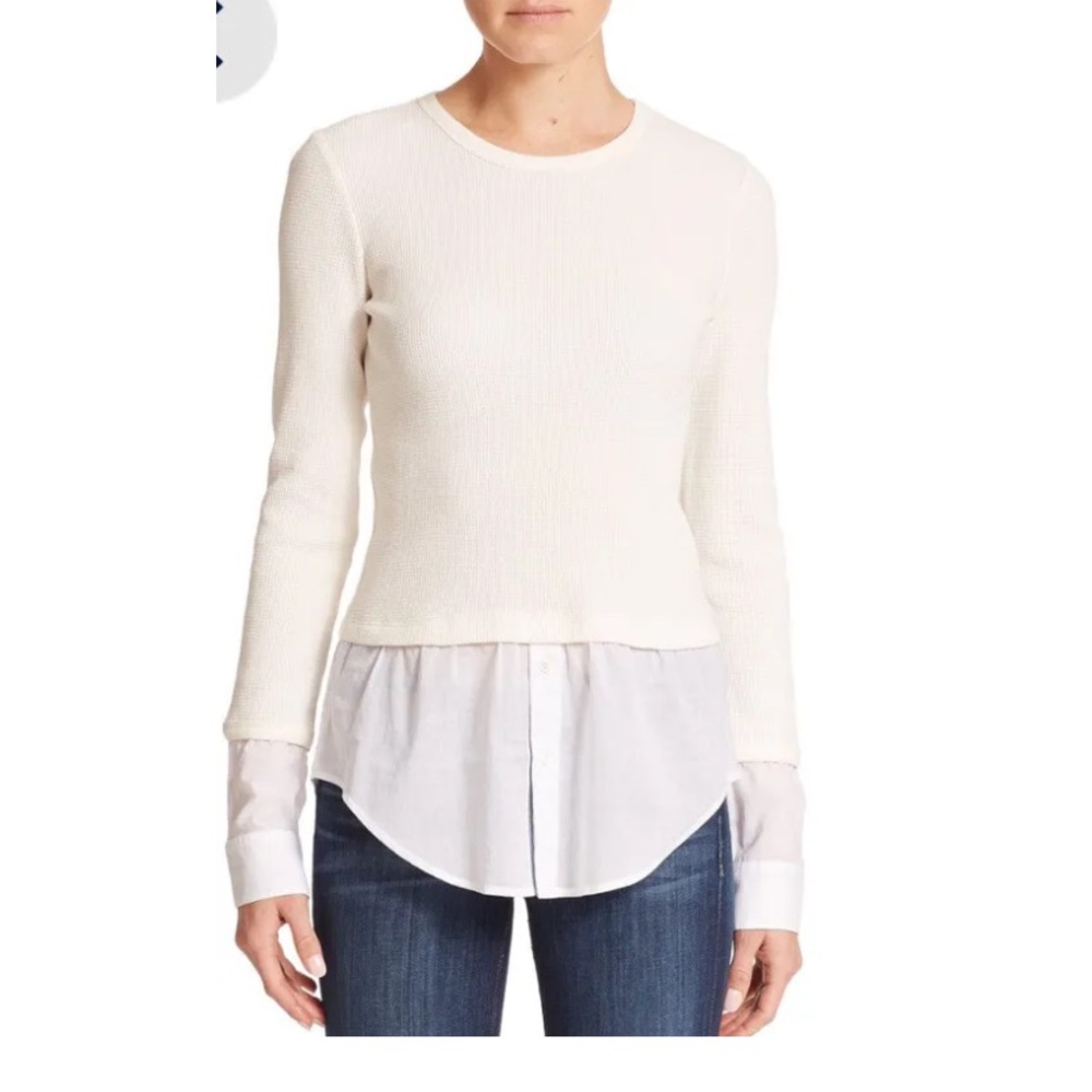 THEORY- Mikaela Top Cream Thermal Longsleeve With Attached White Shirt